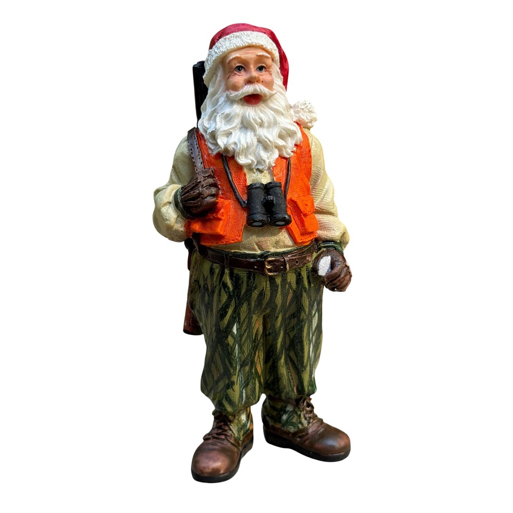 Hunter Santa Claus Figurine Camo Pants Orange Vest Rifle Binoculars Resin 6 inch
